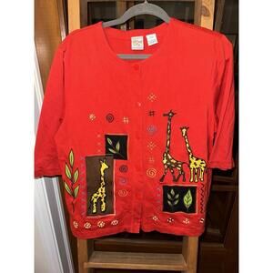 Vintage Art to Wear Giraffe Top Size L Red Artsy Quirky Embroidered Eclectic